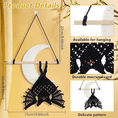 ORIGACH DIY Macrame Halloween Spooky Bat Wall Hanging Tapestry kit Handmade Black Bat with Moon Door Hanging kit with Step by Step Video Tutorial for Halloween Party Decoration in Saudi Arabia