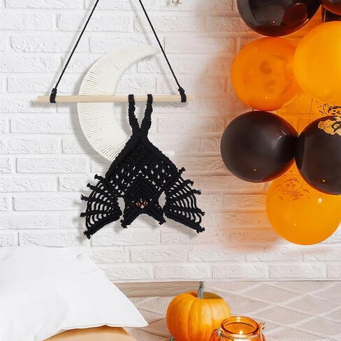 ORIGACH DIY Macrame Halloween Spooky Bat Wall Hanging Tapestry kit Handmade Black Bat with Moon Door Hanging kit with Step by Step Video Tutorial for Halloween Party Decoration in Saudi Arabia
