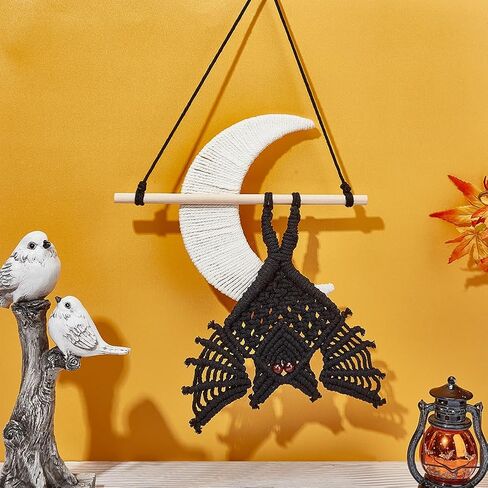 ORIGACH DIY Macrame Halloween Spooky Bat Wall Hanging Tapestry kit Handmade Black Bat with Moon Door Hanging kit with Step by Step Video Tutorial for Halloween Party Decoration in Saudi Arabia