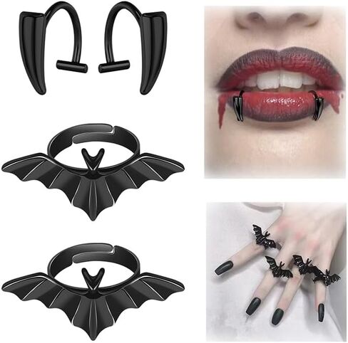 Halloween Fake Piercings Fake Lip Piercing Fake Septum Nose Ring Adhesive Face Nail Jewelry Vampire Fangs Fake Teeth Halloween Scar Eye Shadow Spider Web Skull Bat Temporary Tattoos Sticker in Saudi Arabia
