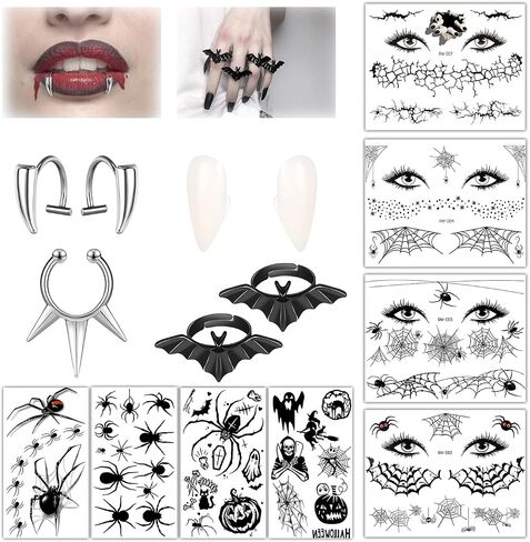 Halloween Fake Piercings Fake Lip Piercing Fake Septum Nose Ring Adhesive Face Nail Jewelry Vampire Fangs Fake Teeth Halloween Scar Eye Shadow Spider Web Skull Bat Temporary Tattoos Sticker in Saudi Arabia