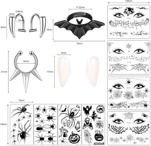Halloween Fake Piercings Fake Lip Piercing Fake Septum Nose Ring Adhesive Face Nail Jewelry Vampire Fangs Fake Teeth Halloween Scar Eye Shadow Spider Web Skull Bat Temporary Tattoos Sticker in Saudi Arabia
