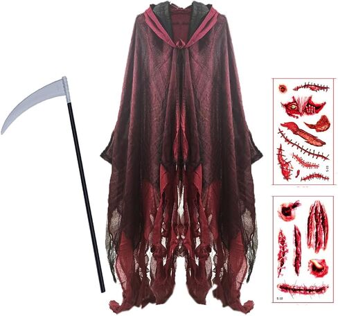 Halloween Grim Ghost Reaper Cloak Scythe Tattoo Sticker Devil Costume Demon Cape Sorcerer Robe Adult Teens Outfit in Kuwait