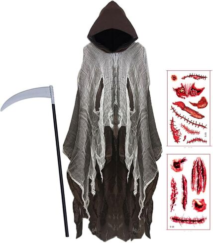 Halloween Grim Ghost Reaper Cloak Scythe Tattoo Sticker Devil Costume Demon Cape Sorcerer Robe Adult Teens Outfit in Kuwait
