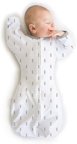 SwaddleDesigns Transitional Swaddle Sack with Arms Up Half-Length Sleeves and Mitten Cuffs, Better Sleep for Baby, Easy Swaddle Transition, Heathered Gray with Striped Trim, Large, 6-9 Mo, 21-24 lbs in Kuwait