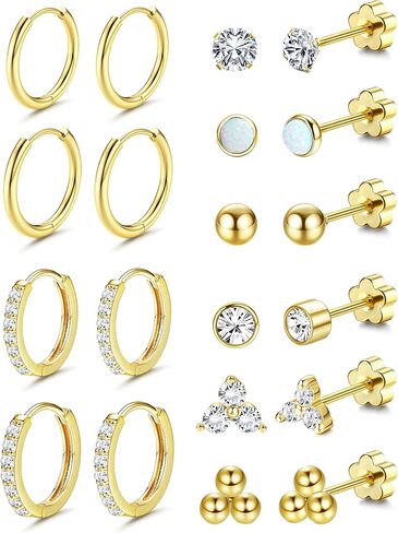 BESTEEL Hypoallergenic Surgical Steel Flat Back Earrings for Multiple Piercing | 14K Gold Silver Small Cartilage Huggie Hoop Earrings Tiny CZ Opal Ball Sun Flatback Stud Earrings Set for Women Men for Sensitive Ears 20G in Saudi Arabia