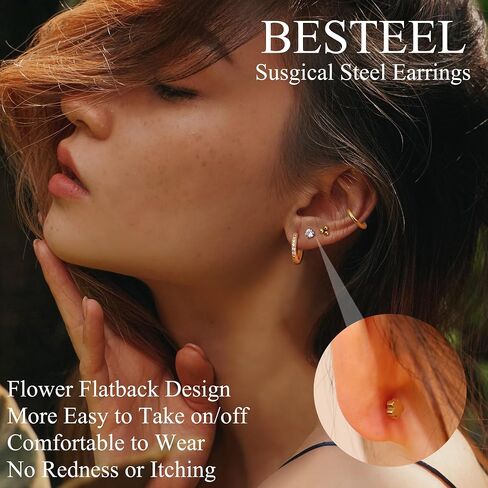 BESTEEL Hypoallergenic Surgical Steel Flat Back Earrings for Multiple Piercing | 14K Gold Silver Small Cartilage Huggie Hoop Earrings Tiny CZ Opal Ball Sun Flatback Stud Earrings Set for Women Men for Sensitive Ears 20G in Saudi Arabia