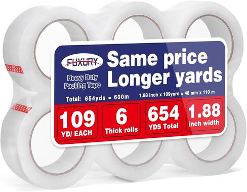 عبوات شريط التغليف Fuxury 109Y، إجمالي 654Y، شريط تغليف شفاف شديد التحمل لنقل الصناديق، والشحن، والختم، والتخزين، 1.88 بوصة × 109 ياردة، 6 لفات in Kuwait