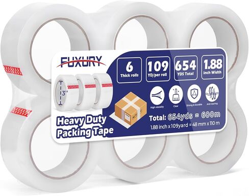 عبوات شريط التغليف Fuxury 109Y، إجمالي 654Y، شريط تغليف شفاف شديد التحمل لنقل الصناديق، والشحن، والختم، والتخزين، 1.88 بوصة × 109 ياردة، 6 لفات in Kuwait