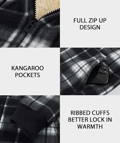 ZITY Heavy Hoodies for Men Plaid Flannel Jacket Warm Sherpa Fleece Lined Coat Winter Full Zip Up Sweatshirt in Kuwait