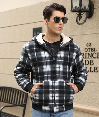 ZITY Heavy Hoodies for Men Plaid Flannel Jacket Warm Sherpa Fleece Lined Coat Winter Full Zip Up Sweatshirt in Kuwait