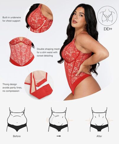Popilush Lace Bodysuit Shapewear Tummy Control Big Bust V Neck Corset Body Suits Sleeveless Going Out Tops Plus Size in Saudi Arabia