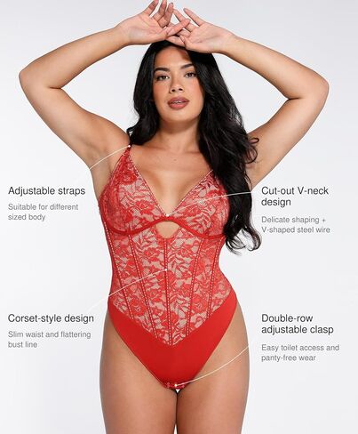 Popilush Lace Bodysuit Shapewear Tummy Control Big Bust V Neck Corset Body Suits Sleeveless Going Out Tops Plus Size in Saudi Arabia