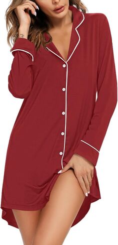 Ekouaer Women's Nightgown Long Sleeve Nightshirt Button Down Sleepshirt Boyfriend Sleepwear Pajama Dress S-XXL in Saudi Arabia