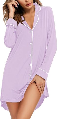 Ekouaer Women's Nightgown Long Sleeve Nightshirt Button Down Sleepshirt Boyfriend Sleepwear Pajama Dress S-XXL in Saudi Arabia