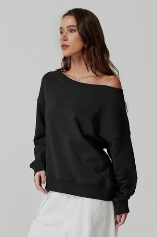 QINSEN Womens Oversized Sweatshirt Long Sleeve Off The Shoulder Pullover Casual Comfy Hoodie Fashion Outfits in Kuwait