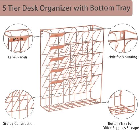 Desk Organizer, 5 Tier Hanging File Organizer, Wall Mount Document Letter Tray Storage Rack for Office Home Dormitory, Gold in Saudi Arabia