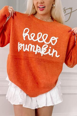 سترة MARZXIN النسائية 2024 Hello Pumpkin Graphic سترة كاجوال بلوفر علوي لعطلات الهالوين in Kuwait