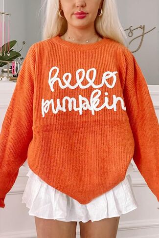 سترة MARZXIN النسائية 2024 Hello Pumpkin Graphic سترة كاجوال بلوفر علوي لعطلات الهالوين in Kuwait