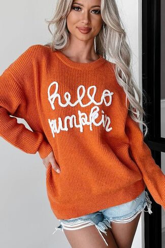 سترة MARZXIN النسائية 2024 Hello Pumpkin Graphic سترة كاجوال بلوفر علوي لعطلات الهالوين in Kuwait