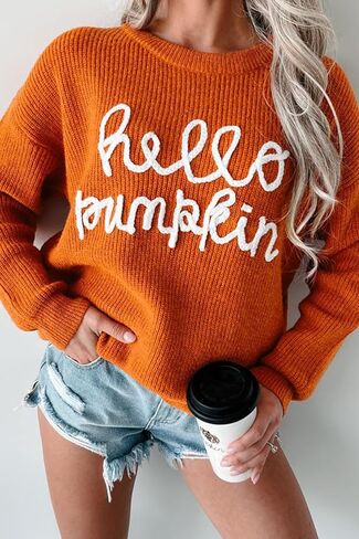 سترة MARZXIN النسائية 2024 Hello Pumpkin Graphic سترة كاجوال بلوفر علوي لعطلات الهالوين in Kuwait