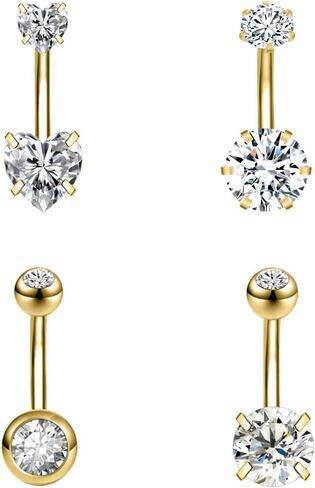 ZS 4Pcs Cubic Zircon Belly Button Ring Belly Button Piercing, 14G Stainless Steel Belly Ring Navel Ring, Long Bar Navel Barbell Stud Navel Piercing Jewelry for Women in Kuwait