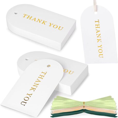 SallyFashion 120PCS Thank You Gift Tags, White Paper Tags with Ribbon Gold Stamping Hanging Labels for Party Favors Birthday Baby Shower in Kuwait