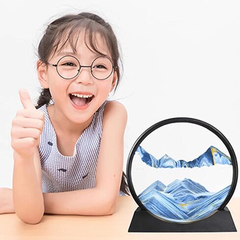 BGFJYUK Moving Sand Art Picture in Motion, Round Tempered Glass 3D Deep Sea Sandscapes with Display Flowing Sand Frame for Relaxing Desktop Home Office Work Décor for Kids Adults （Blue, 7inch in Saudi Arabia