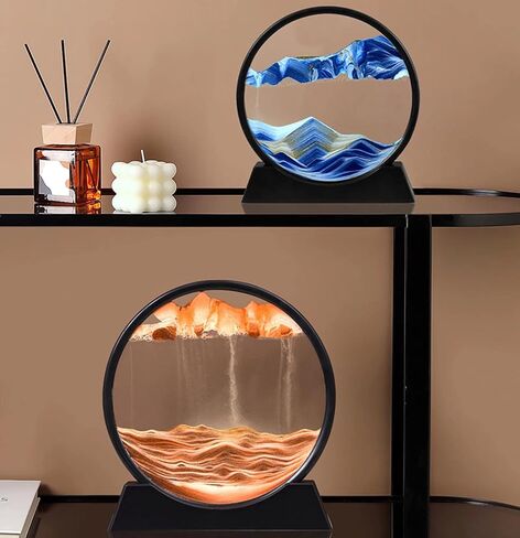 BGFJYUK Moving Sand Art Picture in Motion, Round Tempered Glass 3D Deep Sea Sandscapes with Display Flowing Sand Frame for Relaxing Desktop Home Office Work Décor for Kids Adults （Blue, 7inch in Saudi Arabia