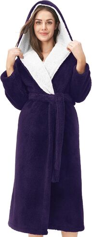 DAVID ARCHY Hooded Plush Fluffy Robe Winter Warm Long Fleece Knee Length Robe for Women in Kuwait