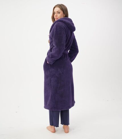 DAVID ARCHY Hooded Plush Fluffy Robe Winter Warm Long Fleece Knee Length Robe for Women in Kuwait