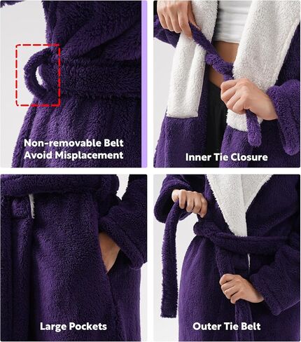 DAVID ARCHY Hooded Plush Fluffy Robe Winter Warm Long Fleece Knee Length Robe for Women in Kuwait