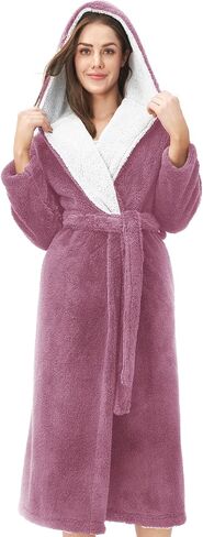 DAVID ARCHY Hooded Plush Fluffy Robe Winter Warm Long Fleece Knee Length Robe for Women in Kuwait