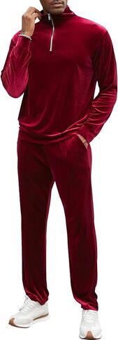 LecGee Men's 2 Piece Long Sleeve Tracksuit Velvet Quarter Zip Shirt Elastic Pant Velour Fall Casual Outfit Sweatsuit Set in Kuwait
