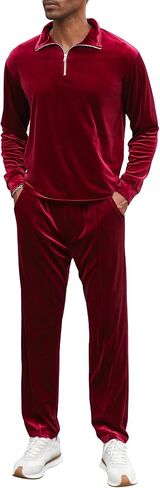 LecGee Men's 2 Piece Long Sleeve Tracksuit Velvet Quarter Zip Shirt Elastic Pant Velour Fall Casual Outfit Sweatsuit Set in Kuwait