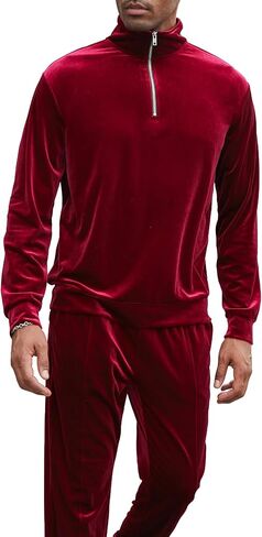 LecGee Men's 2 Piece Long Sleeve Tracksuit Velvet Quarter Zip Shirt Elastic Pant Velour Fall Casual Outfit Sweatsuit Set in Kuwait