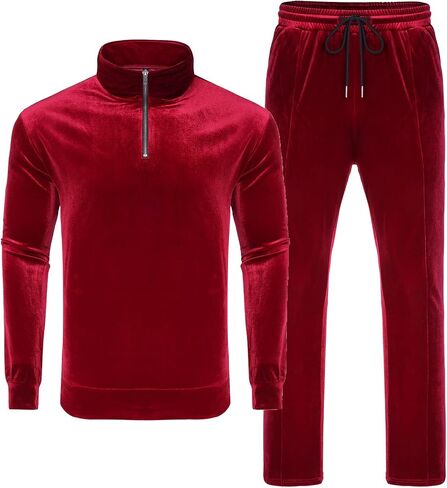 LecGee Men's 2 Piece Long Sleeve Tracksuit Velvet Quarter Zip Shirt Elastic Pant Velour Fall Casual Outfit Sweatsuit Set in Kuwait