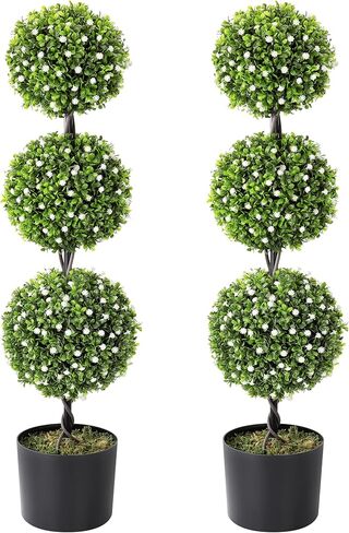 2 Pack 3Ft Artificial Boxwood Topiary Tree,Faux Topiary Ball Trees for Front Door Porch Decor Lifelike Fake Plant Greenery Arrangements with Black Pots for Home Office Decor-White Flower in Saudi Arabia