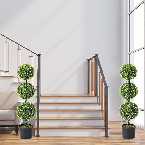 2 Pack 3Ft Artificial Boxwood Topiary Tree,Faux Topiary Ball Trees for Front Door Porch Decor Lifelike Fake Plant Greenery Arrangements with Black Pots for Home Office Decor-White Flower in Saudi Arabia