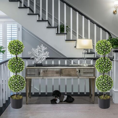 2 Pack 3Ft Artificial Boxwood Topiary Tree,Faux Topiary Ball Trees for Front Door Porch Decor Lifelike Fake Plant Greenery Arrangements with Black Pots for Home Office Decor-White Flower in Saudi Arabia