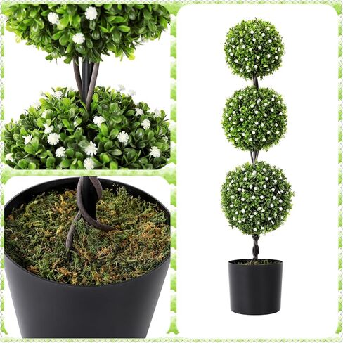 2 Pack 3Ft Artificial Boxwood Topiary Tree,Faux Topiary Ball Trees for Front Door Porch Decor Lifelike Fake Plant Greenery Arrangements with Black Pots for Home Office Decor-White Flower in Saudi Arabia