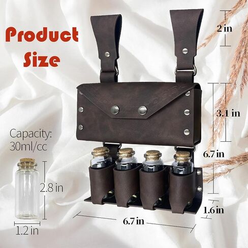 Medieval Waist Pack, Retro Alchemist Faux Leather Belt Bag with 4 Cork Potion Vials, Viking Costume Accessory Pouch for Men and Women, Renaissance Halloween Fantasy Wizard Side Bag (Brown) in Saudi Arabia