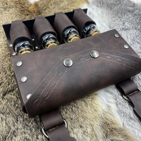 Medieval Waist Pack, Retro Alchemist Faux Leather Belt Bag with 4 Cork Potion Vials, Viking Costume Accessory Pouch for Men and Women, Renaissance Halloween Fantasy Wizard Side Bag (Brown) in Saudi Arabia