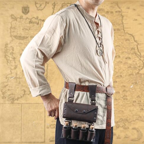 Medieval Waist Pack, Retro Alchemist Faux Leather Belt Bag with 4 Cork Potion Vials, Viking Costume Accessory Pouch for Men and Women, Renaissance Halloween Fantasy Wizard Side Bag (Brown) in Saudi Arabia