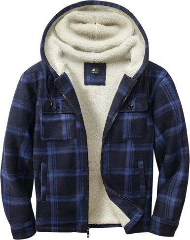 SECOOD Mens Flannel Sherpa Lined Jacket with Hood Plaid Shirts Jackets Zip Up Long Sleeve Sweatshirt Winter Coat for Men in Kuwait