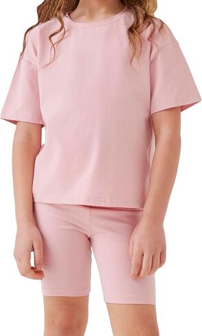 OYOANGLE Girl's 2 Piece Outfits Short Sleeve Crew Neck Tee Top and Biker Shorts Set Tracksuit in Saudi Arabia