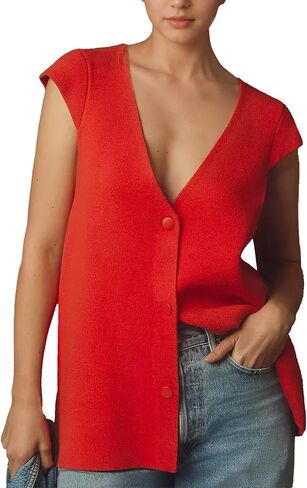 Hixiaohe Knit Sweater Vest for Women Sleeveless Cardigan V Neck Button Tank Tops Womens Fashion Casual Summer Dress Waistcoat(Red,S), Small in Kuwait