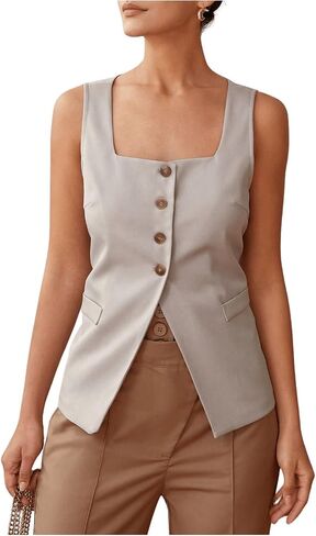 SHENHE Women's Sleeveless Long Vest Button Up Square Neck Fitted Blazer Vest Waistcoat with Pockets in Saudi Arabia