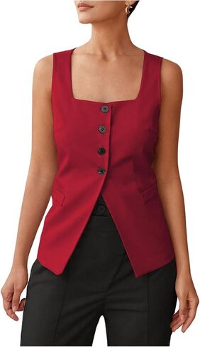 SHENHE Women's Sleeveless Long Vest Button Up Square Neck Fitted Blazer Vest Waistcoat with Pockets in Saudi Arabia