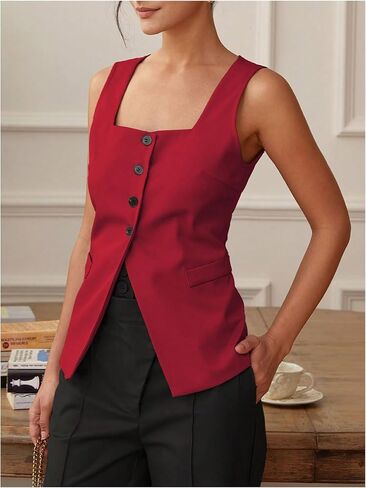 SHENHE Women's Sleeveless Long Vest Button Up Square Neck Fitted Blazer Vest Waistcoat with Pockets in Saudi Arabia